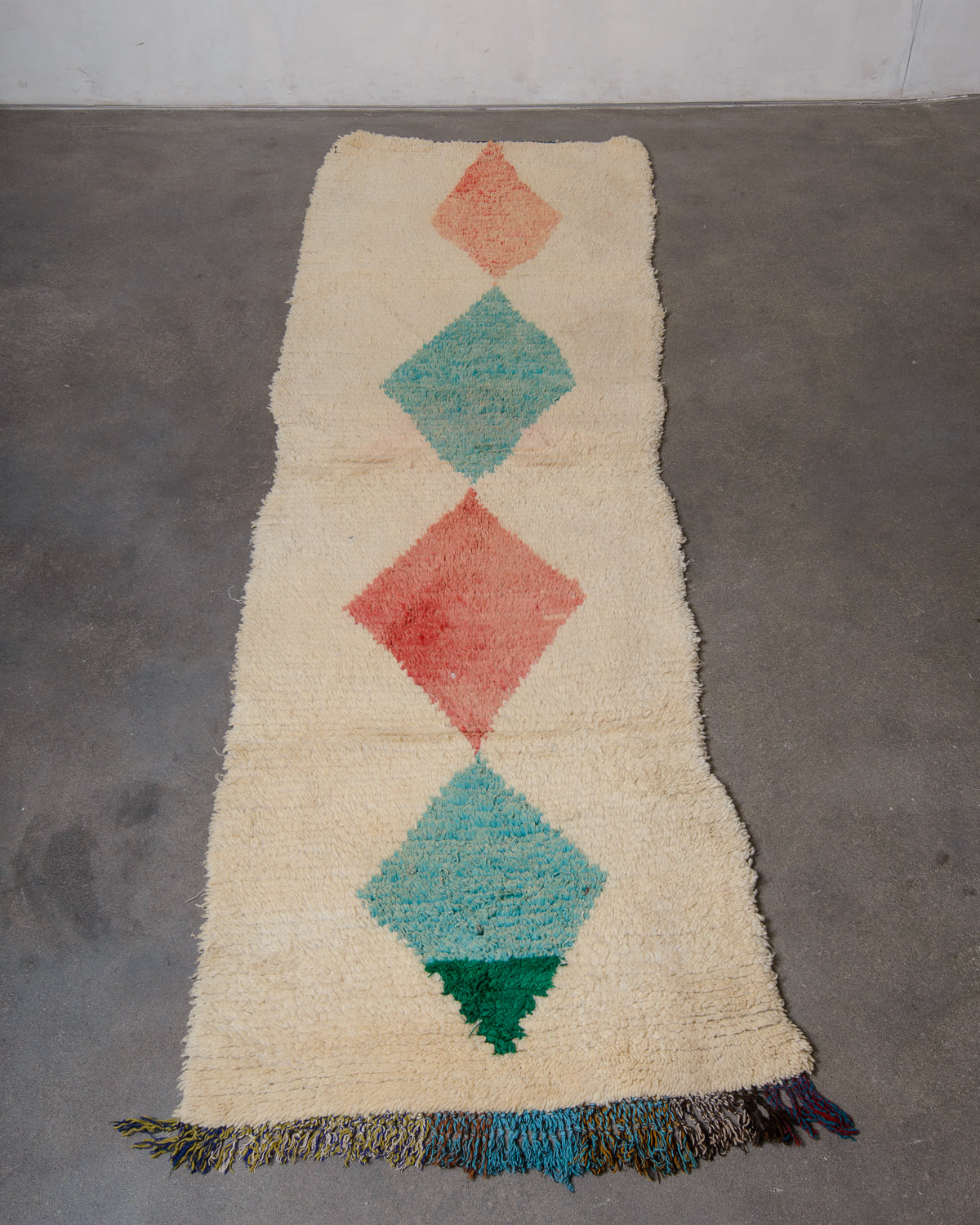 Modern, designer, handcrafted Berber runner rug from Morocco. Vintage carpet with beautiful colours and patterns and fluffy texture.